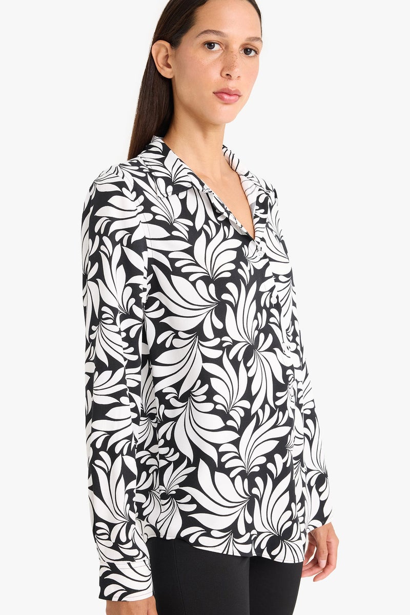 DeFacto Black Woman Regular Fit Shirt Collar Printed Long Sleeve Shirt Casual - Image 3